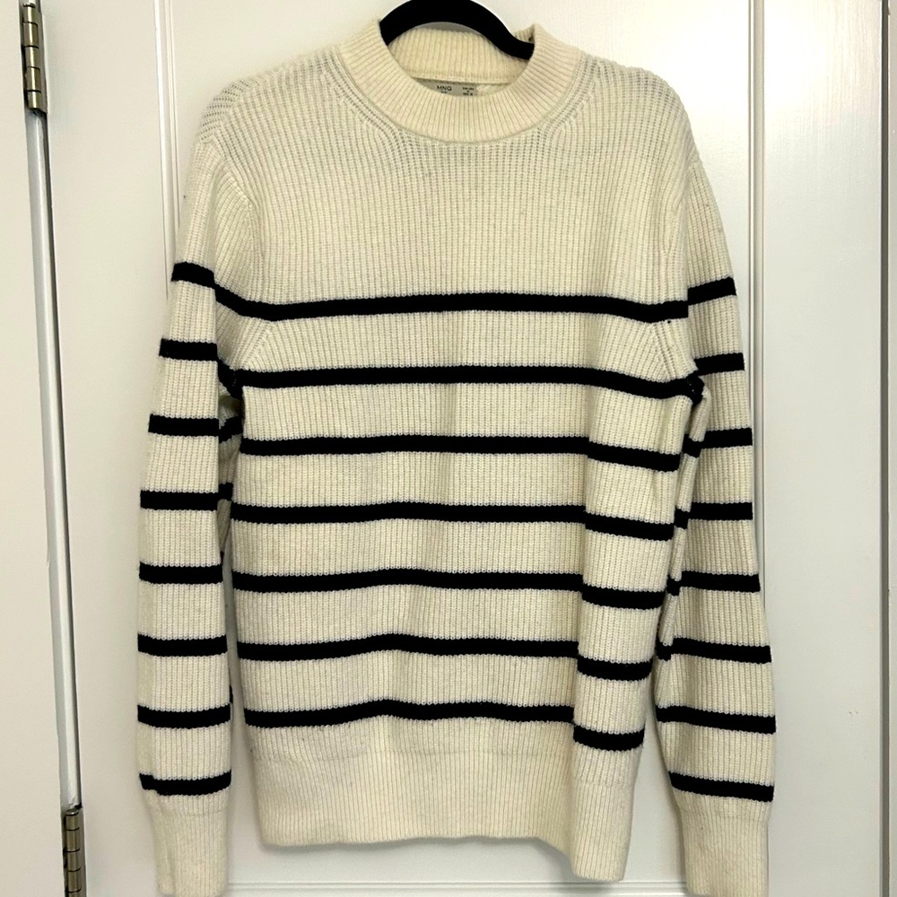 Mango Men’s Fisherman Wool Blend Striped Sweater Cream Black Pullover Sz Medium